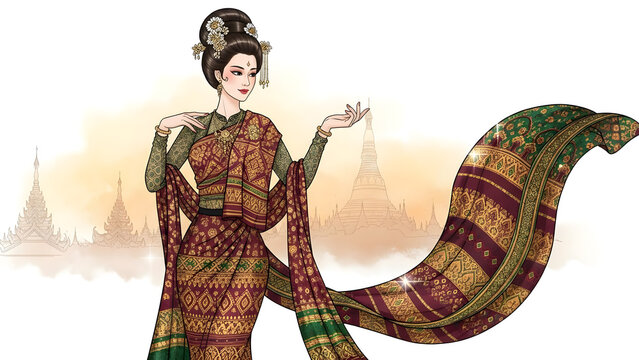 Elegant illustration of a woman in traditional Myanmar attire posing gracefully in front of ancient pagoda silhouettes
