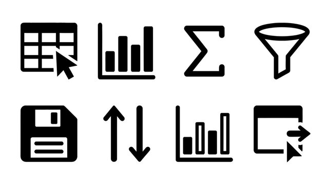 spreadsheet , black vector icon set collection , white background , SVG and PNG