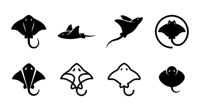 stingray , black vector icon set collection , white background , SVG and PNG