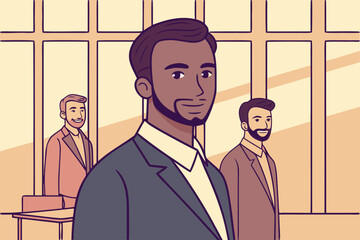 A professional team of businessmen in suits discuss work strategy in an office, showcasing successful teamwork and executive leadership through a flat vector illustration