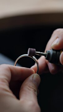 Professional jeweler hands polishing a silver metal ring using a rotary flex shaft tool in extreme macro detail, showcasing precision craftsmanship concepts.
