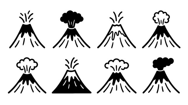 volcano , black vector icon set collection , white background , SVG and PNG