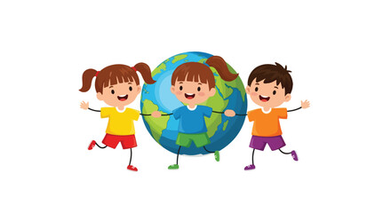 Three diverse children, two girls and one boy, are holding hands around a globe, symbolizing global unity, friendship, and care for the planet.