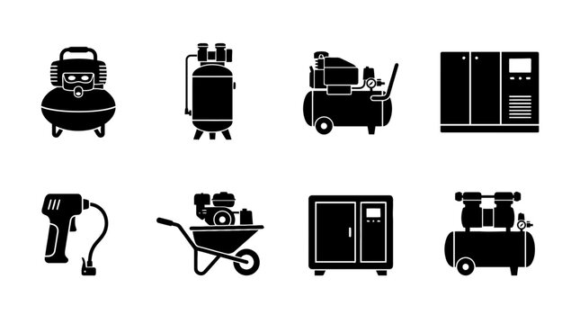 air compressor , black vector icon set collection , white background , SVG and PNG