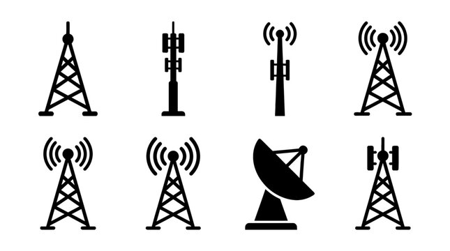 antenna tower , black vector icon set collection , white background , SVG and PNG
