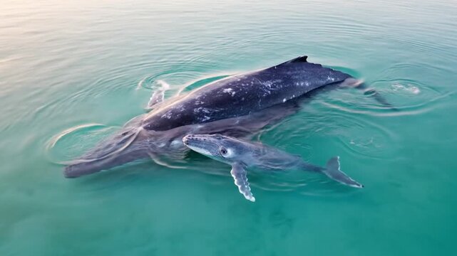 A gray whale and its calf swim together in calm turquoise ocean waters.