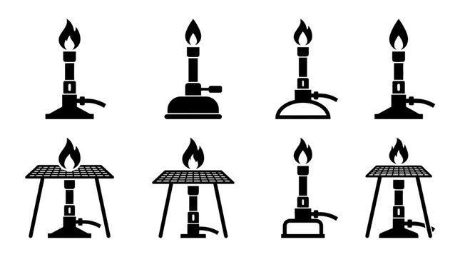 bunsen burner , black vector icon set collection , white background , SVG and PNG