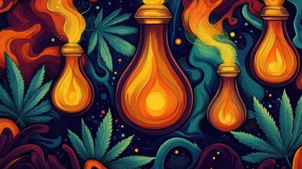 Psychedelic Cannabis Elixir Bottles with Fiery Glow.