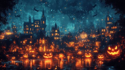 Enchanting Halloween Night with Spooky Castle and Jack-o-Lanterns.