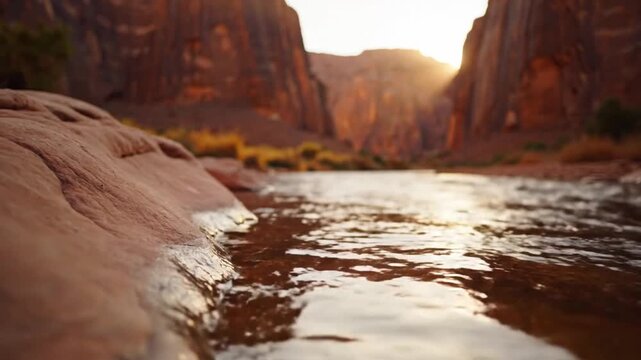 Majestic desert river landscape with towering cliffs and reddish brown rocks surrounded by nature's serene beauty at sunrise or sunset peaceful scenery.