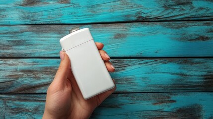 White Deodorant Stick Held in Hand Against Distressed Teal Wood Background.