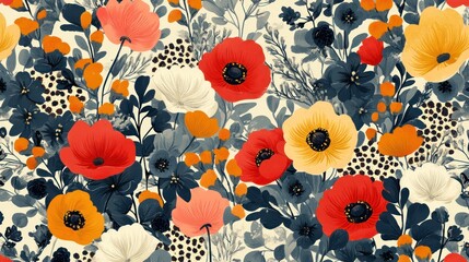 Vibrant Floral Pattern with Poppies and Wildflowers.