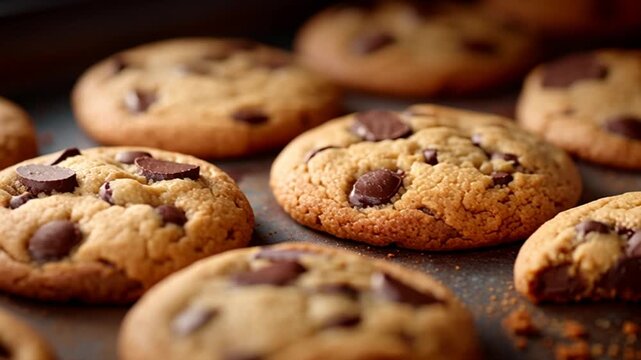 Freshly baked chocolate chip cookies on a baking sheet