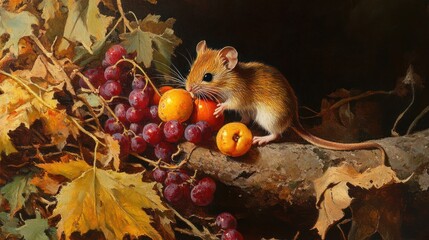 A Cute Mouse Enjoys a Feast of Grapes and Berries Amidst Autumn Leaves.