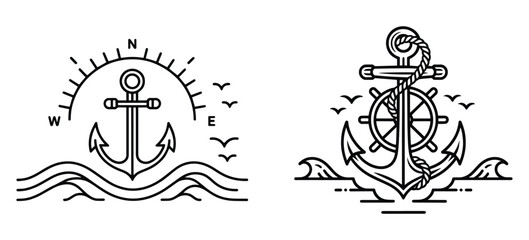 Obraz premium Black and White Nautical Anchor and Ship Wheel, Compass Direction and Ocean Waves, Monochrome Maritime Anchor with Helm Wheel, Rope and Compass Elements Vector Set