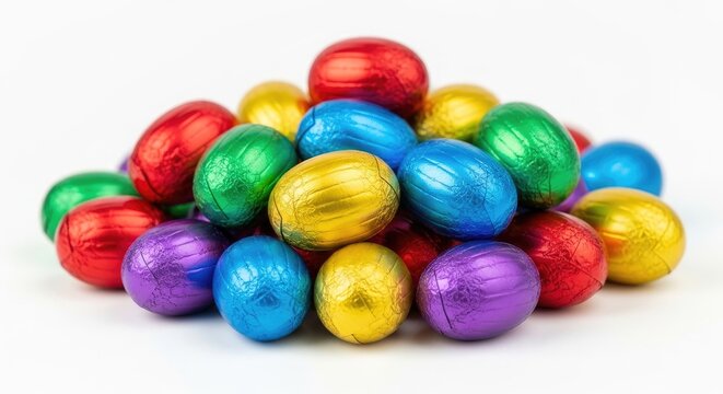 A colorful pile of wrapped Easter eggs on a white background.