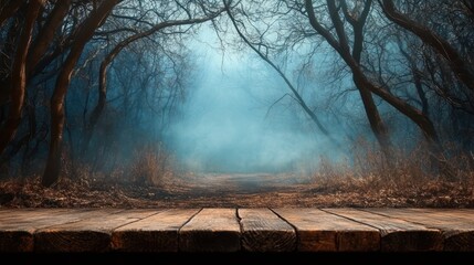 Mysterious Foggy Forest Path with Wooden Table.