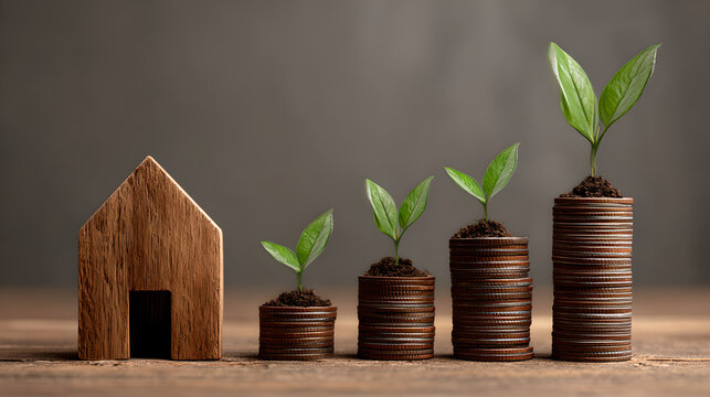 Wooden house model next to growing stacks of coins with plants
