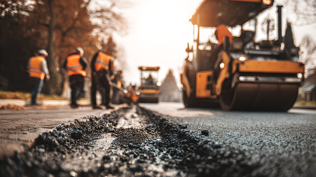 Heavy Construction Equipment Steamrolling Hot Asphalt For A New Residential Street Driveway
