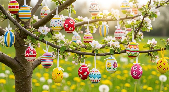 A colorful Easter egg tree with hanging eggs in a vibrant garden setting.