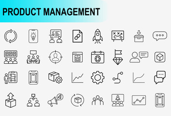 Product management and business planning icons set, line symbols for agile workflow roadmap strategy development and startup innovation vector illustration