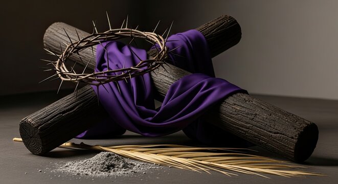 A crucifixion scene with a purple cloth and thorns on a wooden cross.