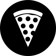 Pepperoni pizza slice round badge silhouette vector icon for fast food branding, restaurant menu illustration, and delivery packaging design