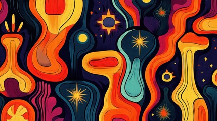 Vibrant Psychedelic Abstract Organic Shapes and Stars.