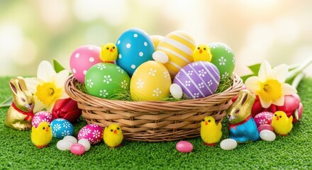 Fototapeta premium A basket of colorful Easter eggs and chocolate bunnies on a green grassy surface with daffodils and other Easter decorations.
