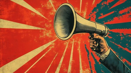 Hand holding a megaphone against a red and yellow abstract background.