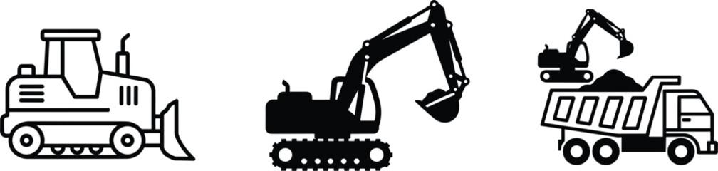 Construction machinery vehicles set bulldozer excavator and dump truck vector icon illustration collection © MstBabli