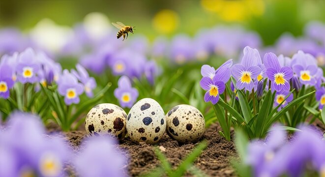 Three quail eggs in a garden with purple flowers and a bee.