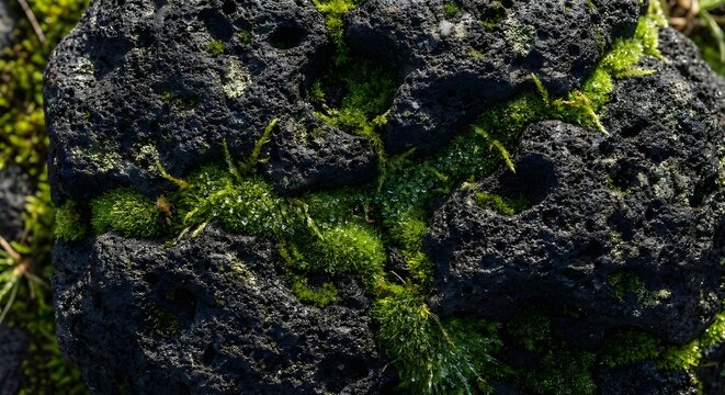 Close up of green moss growing on black volcanic rock, natural organic texture and environment