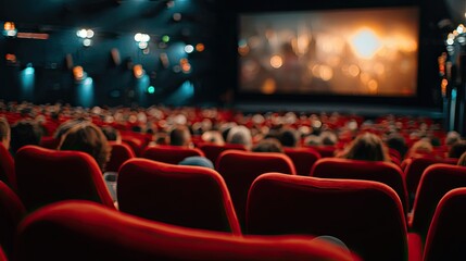 A movie theater with a large screen and audience in red chairs.