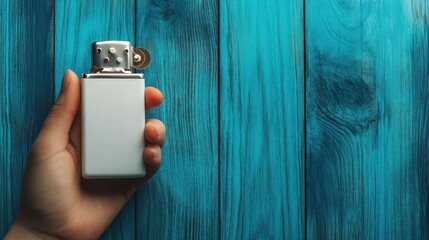 Hand Holding a White Metal Lighter on a Blue Wooden Background.
