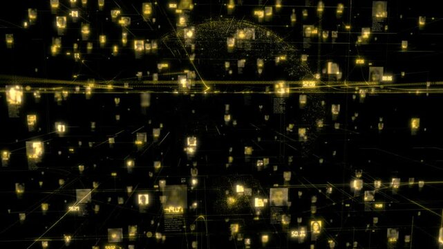A lot of portraits in cyberspace in social networking concept as database with a stream of faces connected by dark yellow on the background of the planet model, 3d rendering 4K video.