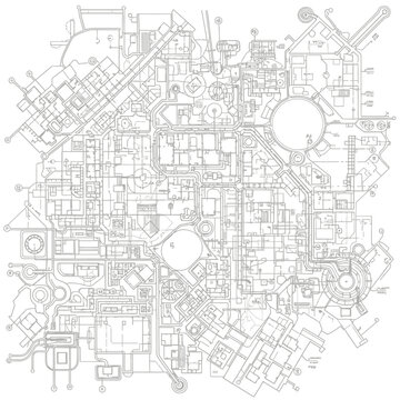 Detailed Abstract City Map Blueprint, urban planning and infrastructure lines isolated white background
