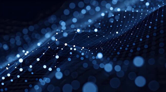 An abstract image featuring a network of connected dots in blue and white on a dark background. Bokeh effects are present, adding depth