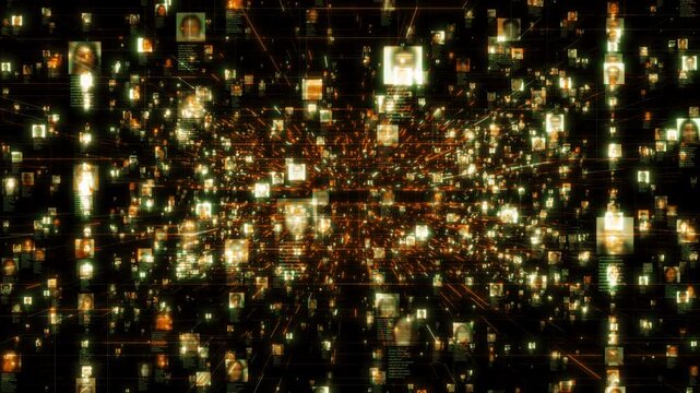 artificial intelligence concept of a social network with a stream of people portraits connected by bright yellow network grid in black internet cyberspace background. 3d rendering 4K footage.