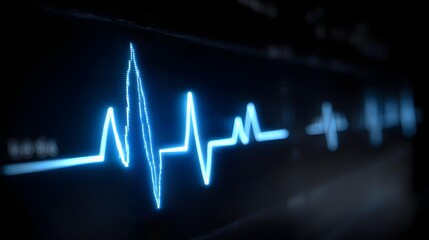 Close-up of a heartbeat line on a medical monitor, glowing blue, dark background