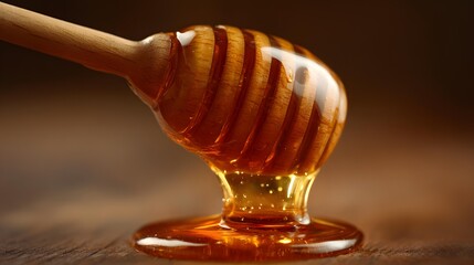 Honey dripping from a wooden dipper, golden amber light, macro detail