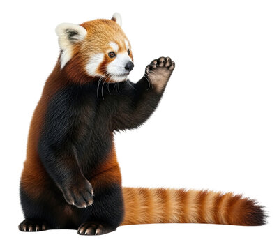 A red panda standing on its hind legs with its front paws raised in a greeting gesture.