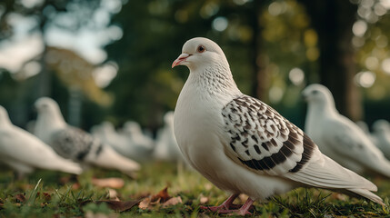 Close-up of a spotted white dove on a park lawn, symbolizing peace and vitality, ideal for eco-campaigns, wedding designs, and social media visuals
