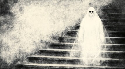 Ghostly Figure on Dark Staircase Illustration.