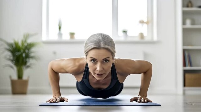 A muscular woman in a black sports bra and leggings does a pushup on a blue mat in a bright room