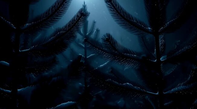 Mysterious aquatic fronds sway in the serene darkness of the deep sea, illuminated by a distant light, creating an otherworldly natural tableau