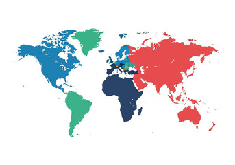 Naklejka premium A colored world map illustration on a white background from a directly overhead viewpoint