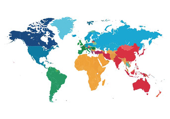 Obraz premium A colorful map of the world displaying different regions in various vibrant colors on a white background from a top-down viewpoint