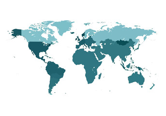 Obraz premium Global map illustration highlighting various countries in different shades of blue on a white background from a top-down viewpoint