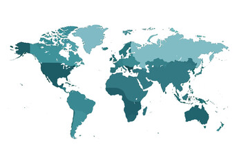 Fototapeta premium A world map highlighting various countries in different shades of blue on a white background